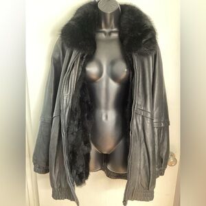 Vintage Black Genuine Leather Jacket with Genuine Opossum Fur Trim Insert L